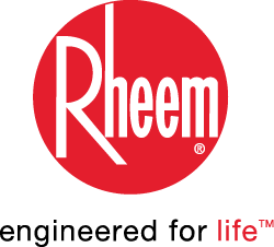 logo with text: Rheem, engineered for life