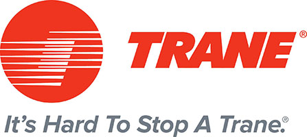 logo with text: Trane, It's Hard To Stop A Trane.